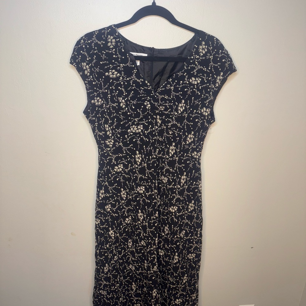 Rena Rowan Black and White Sheath Maxi Dress with Flutter Cap Sleeves